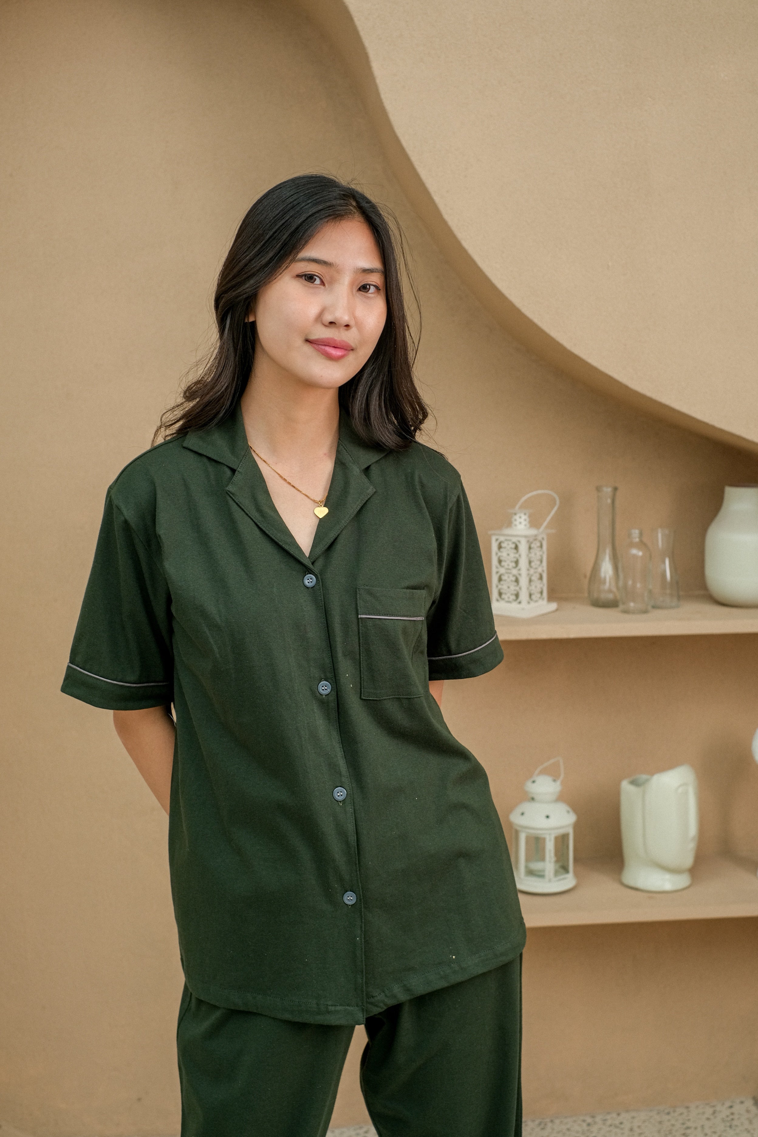 Women Mason Olive Cotton Long Pajamas Set