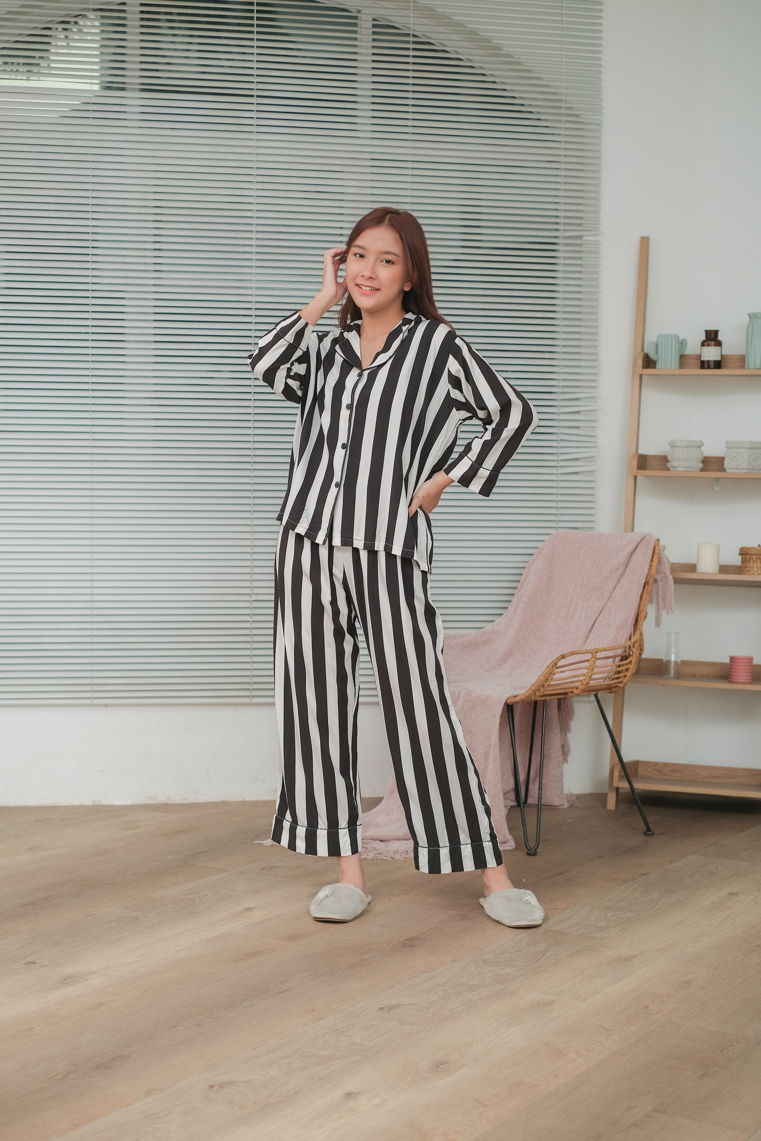 Black Stripe Organic Silk Long Pajamas Set for Women
