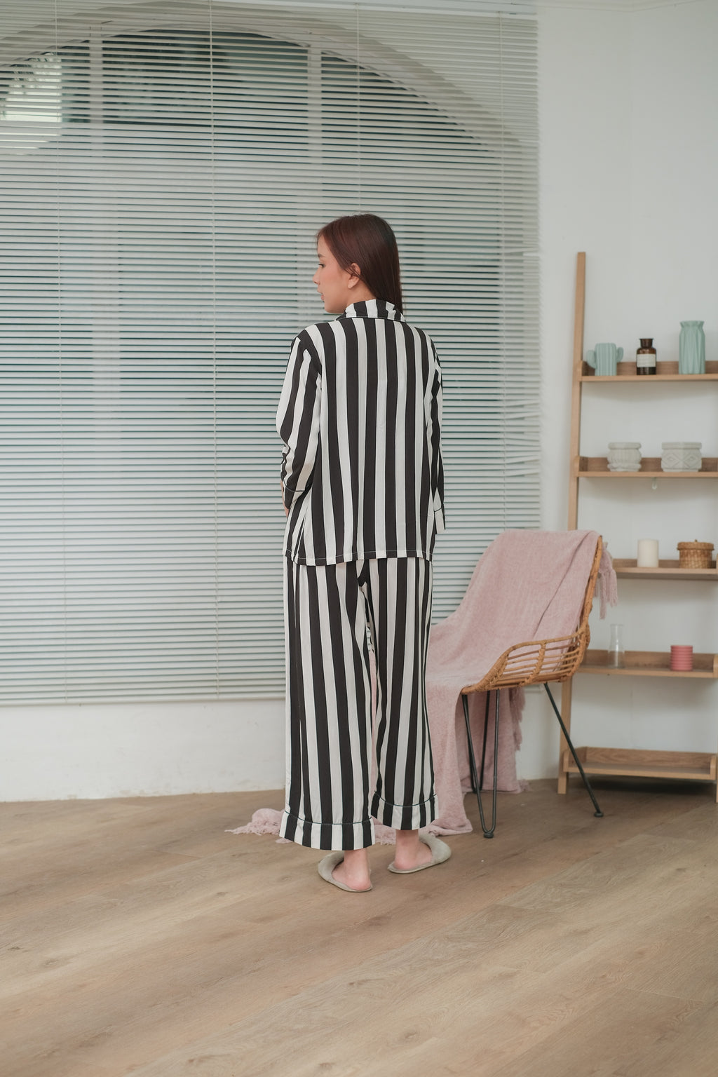Black Stripe Organic Silk Long Pajamas Set for Women