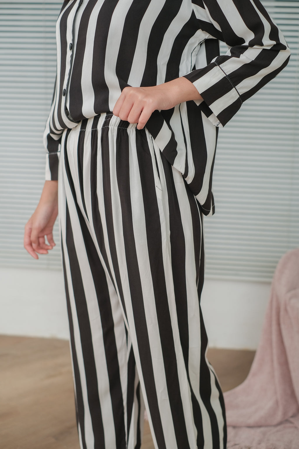 Black Stripe Organic Silk Long Pajamas Set for Women