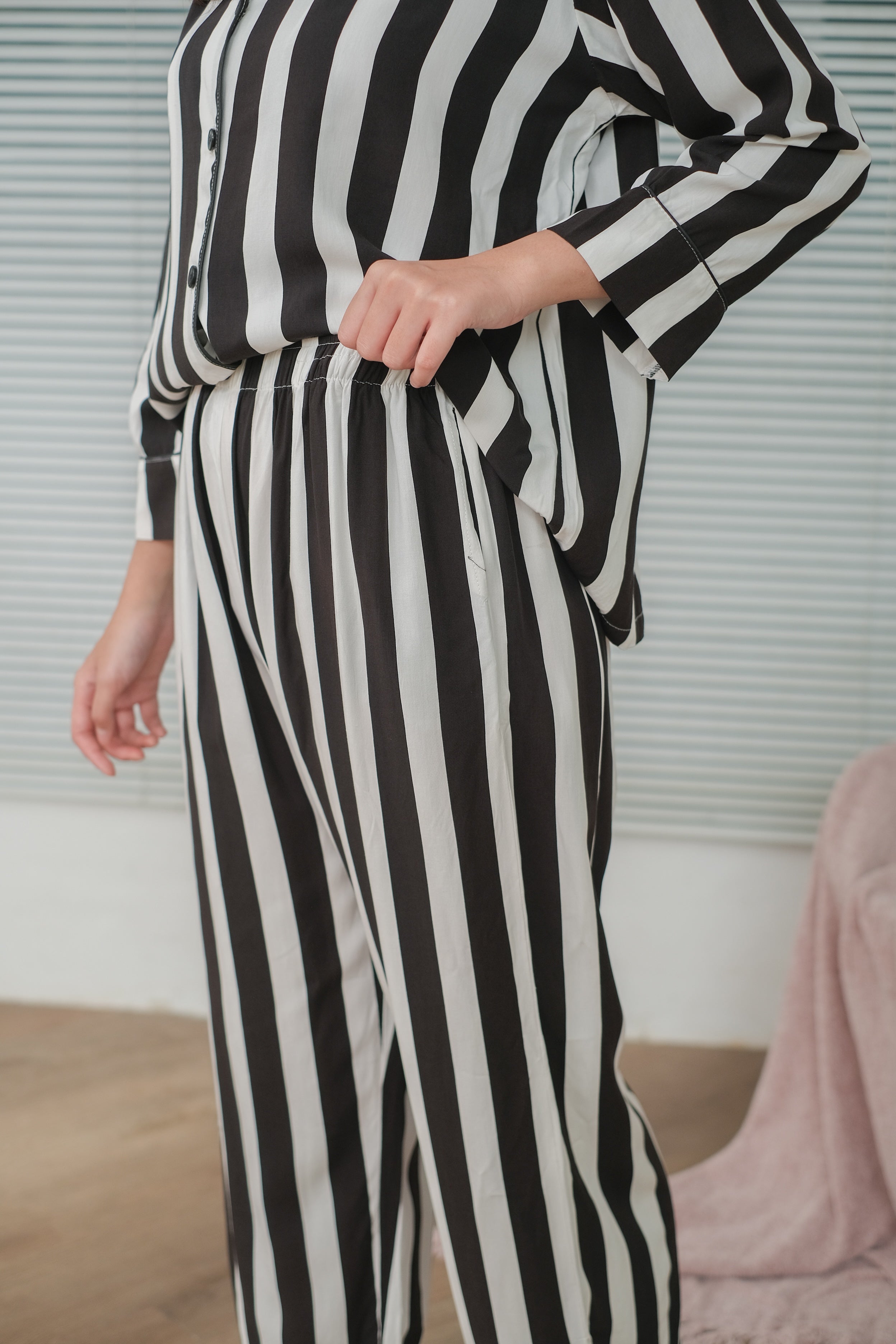 Black Stripe Organic Silk Long Pajamas Set for Women