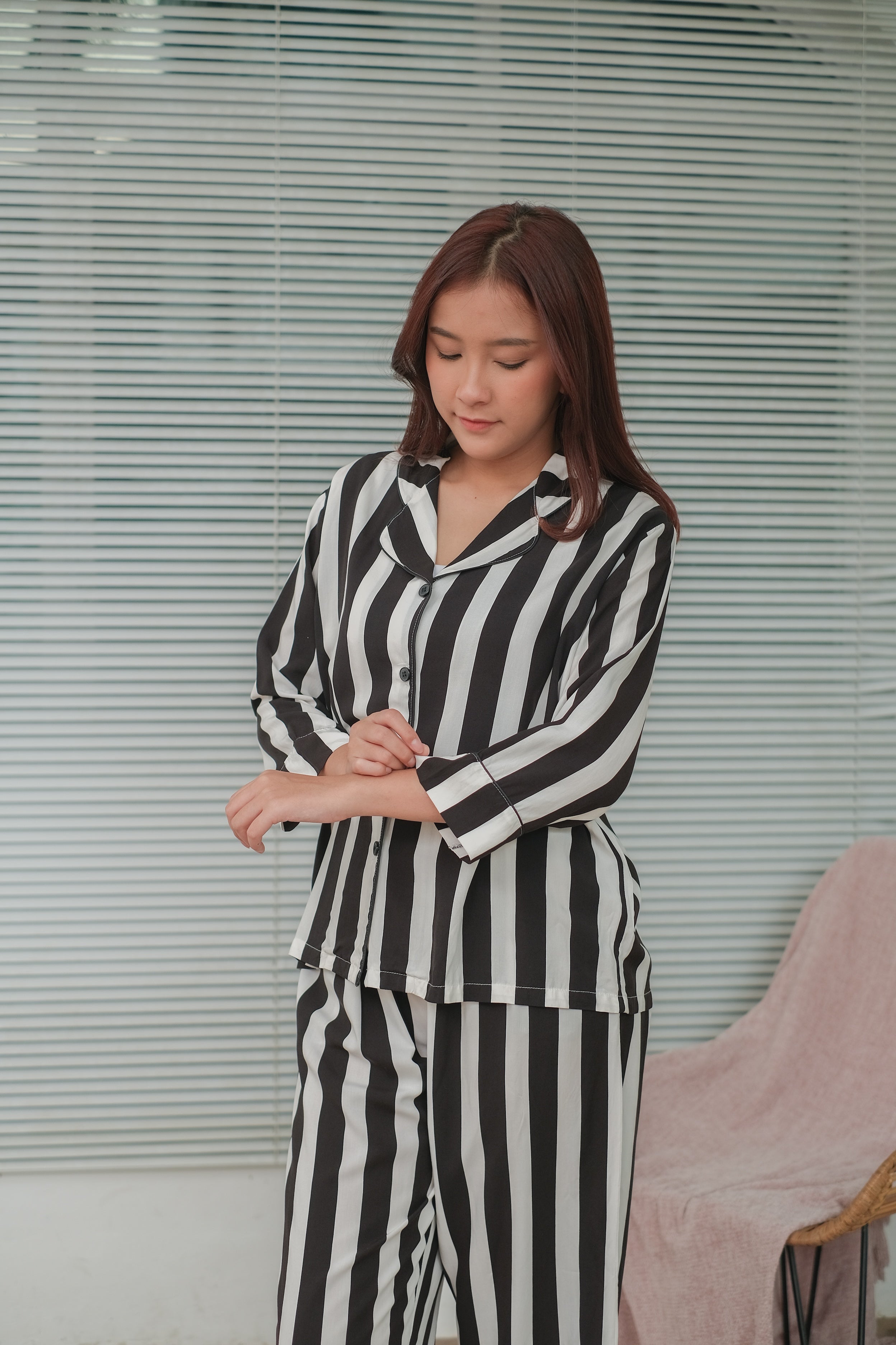 Black Stripe Organic Silk Long Pajamas Set for Women