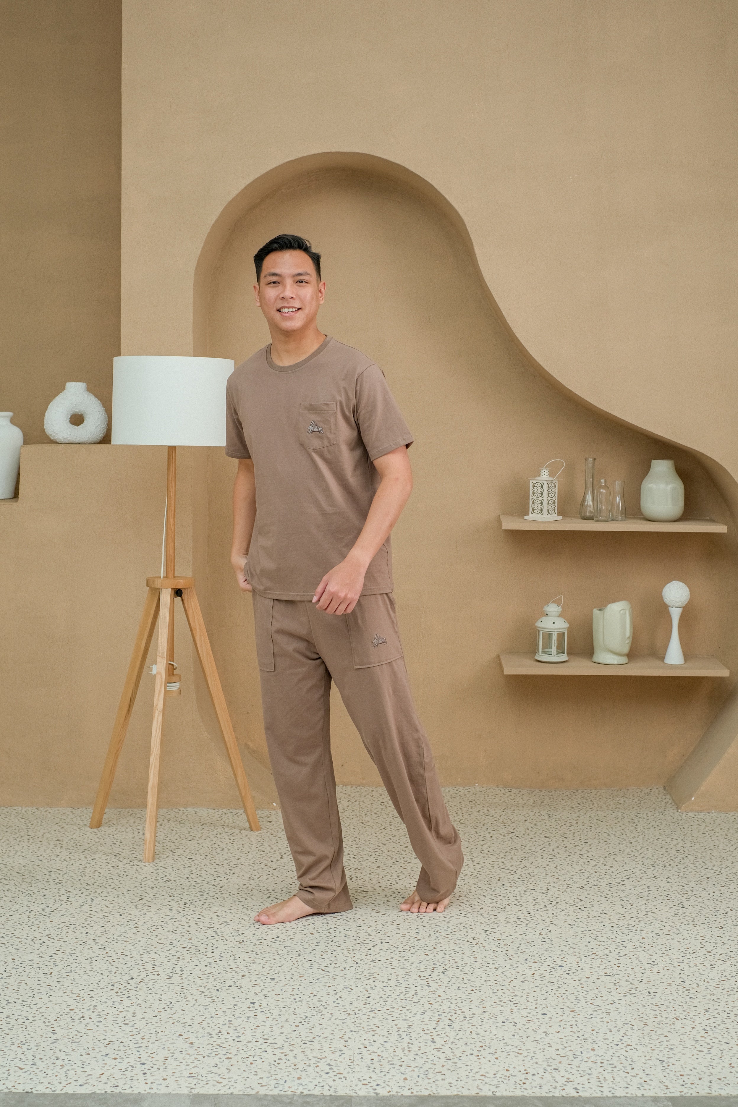Men Coco Brown Cotton Long Pajamas Set