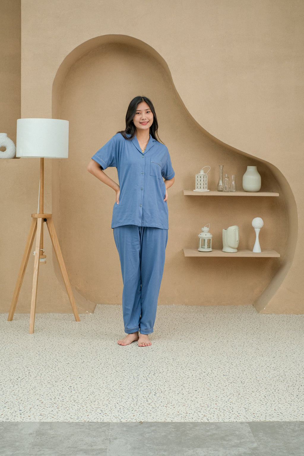 Women Mason Denim Cotton Long Pajamas Set