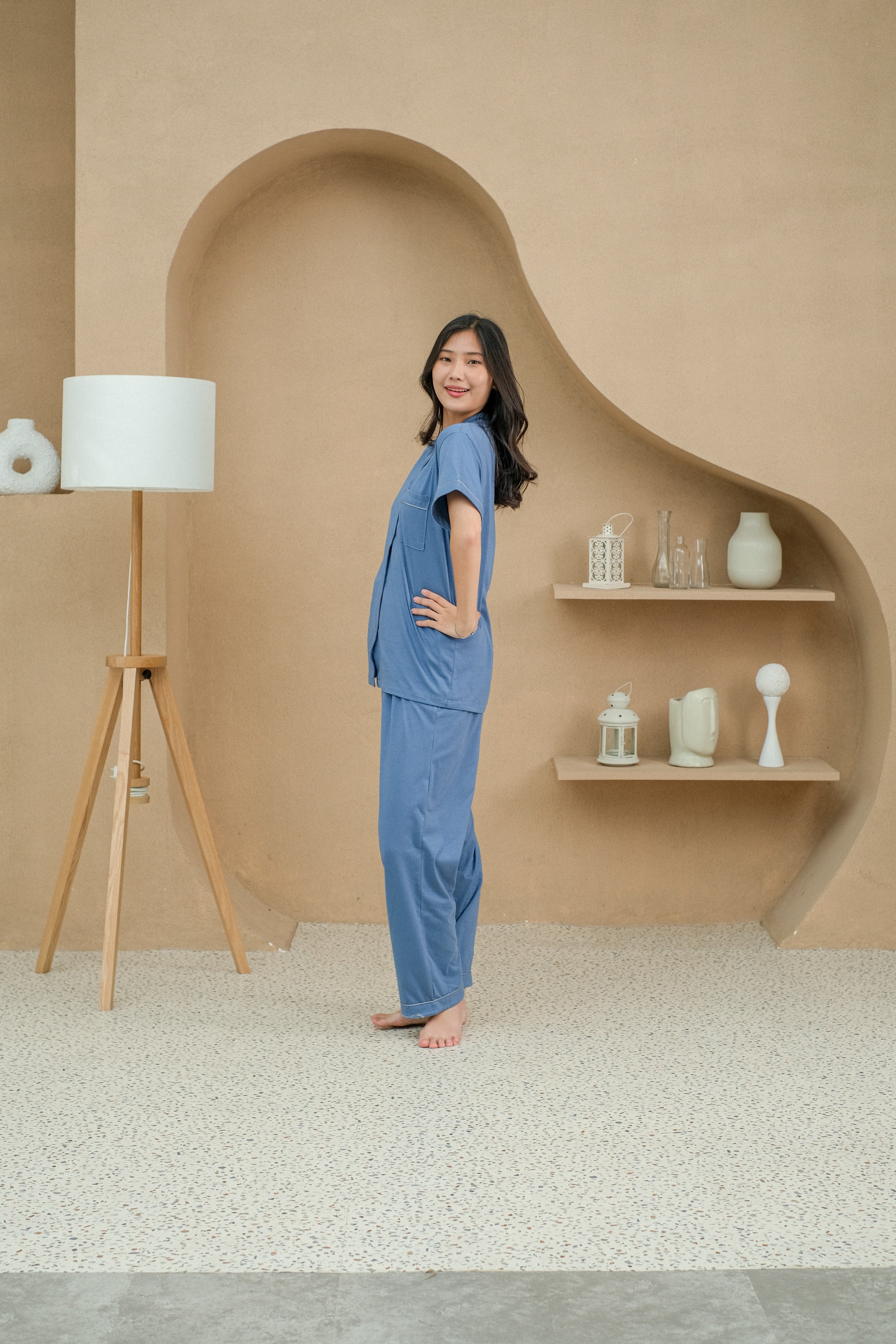 Women Mason Denim Cotton Long Pajamas Set