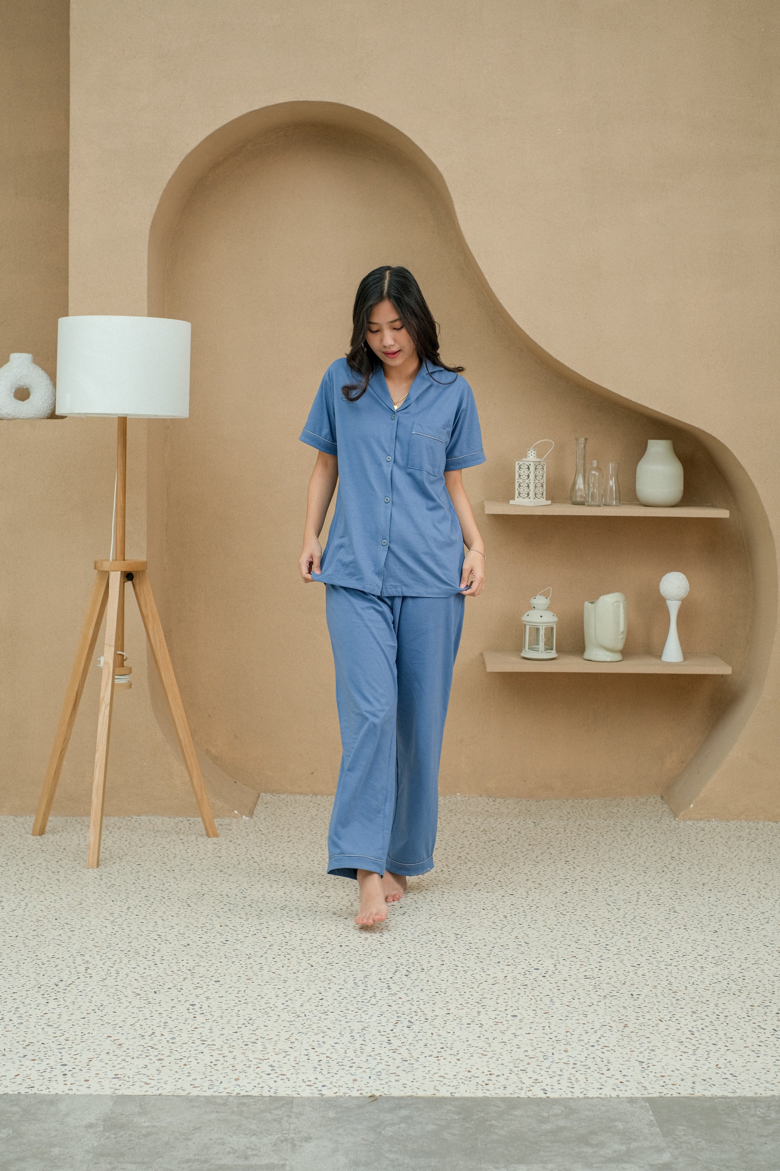 Women Mason Denim Cotton Long Pajamas Set