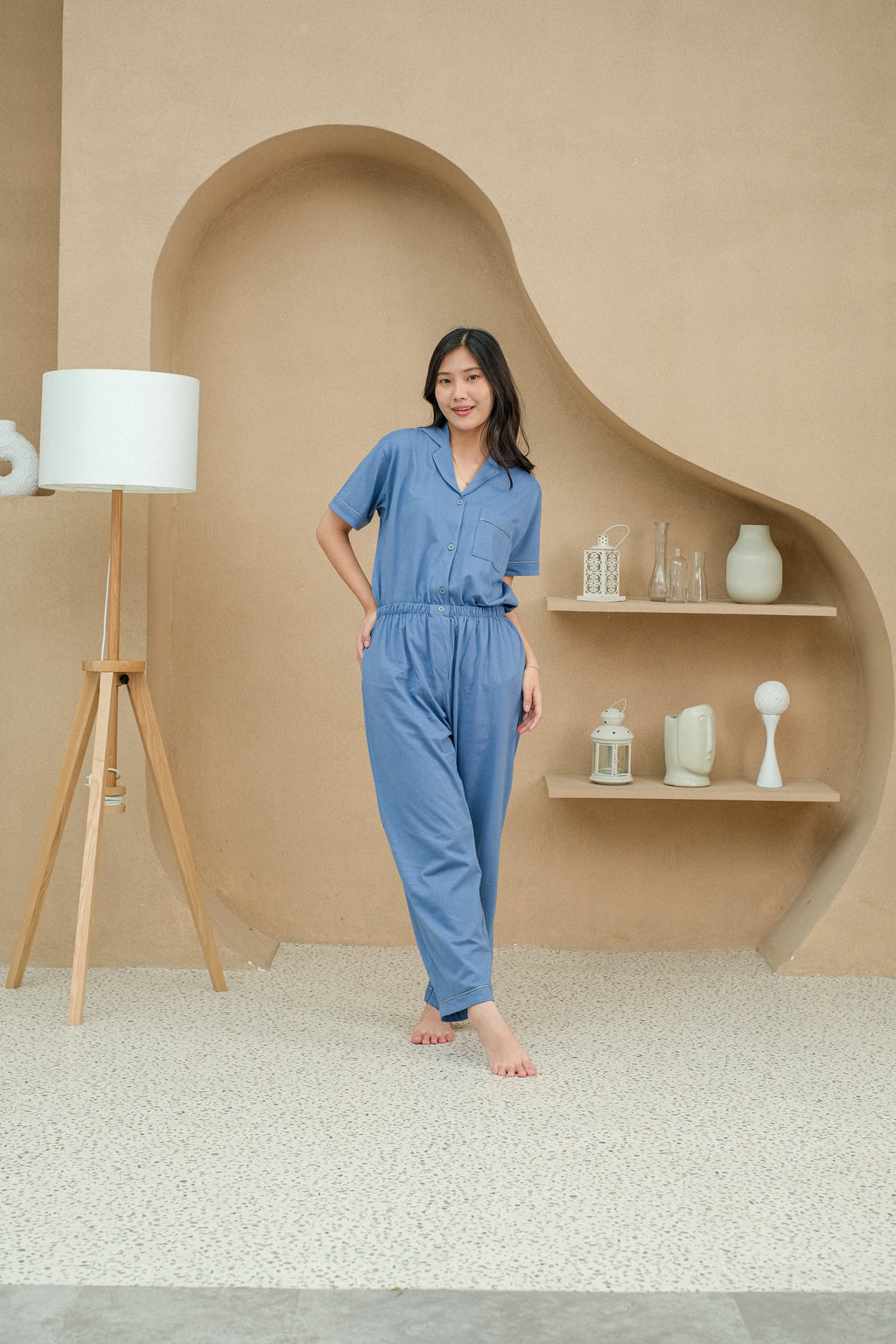 Women Mason Denim Cotton Long Pajamas Set