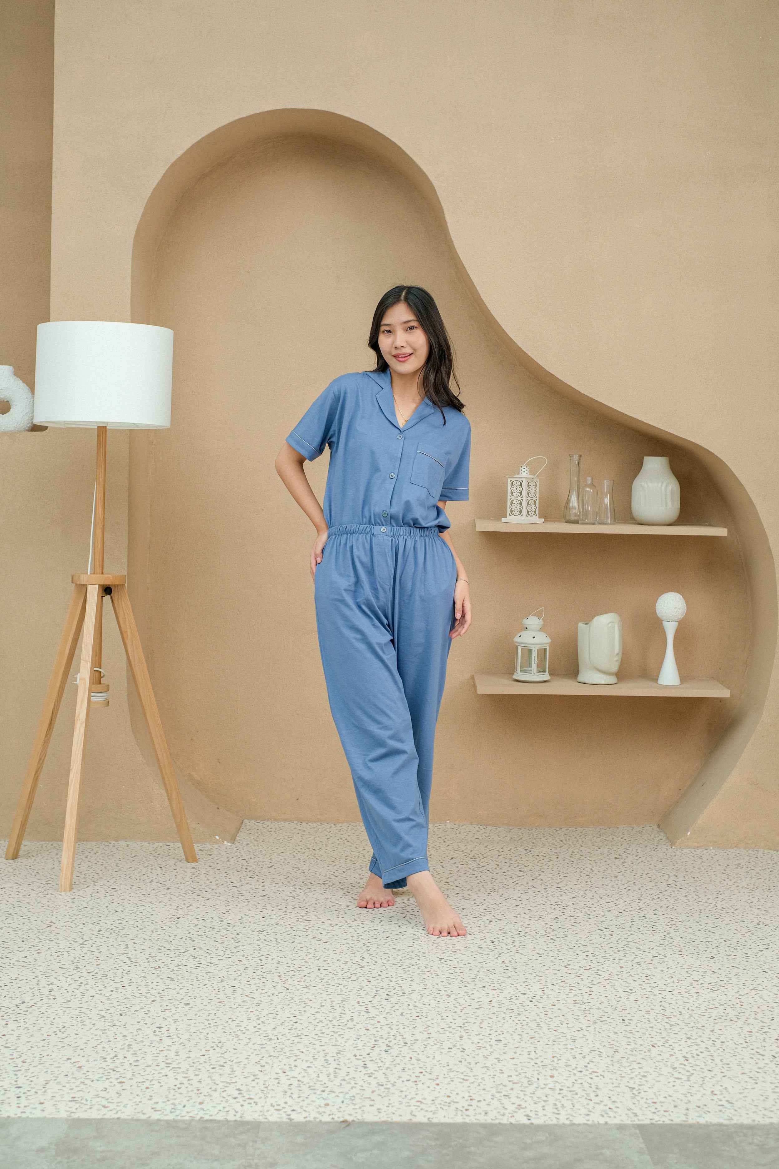 Women Mason Denim Cotton Long Pajamas Set